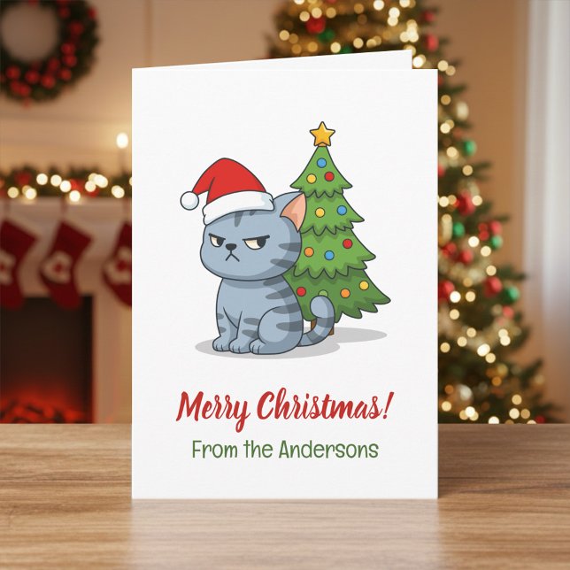 Grinig grå tabbykatt Röda julhatten Julgran Kort (Skapare uppladdad)