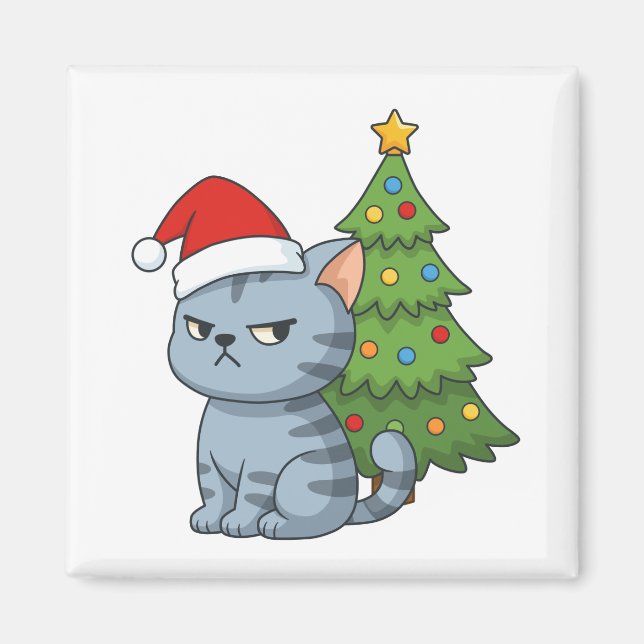 Grinig grå tabbykatt Röda julhatten Julgran Magnet (Framsidan)
