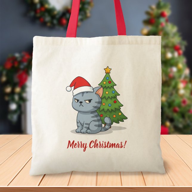 Grinig grå tabbykatt Röda julhatten Julgran Tygkasse (Skapare uppladdad)