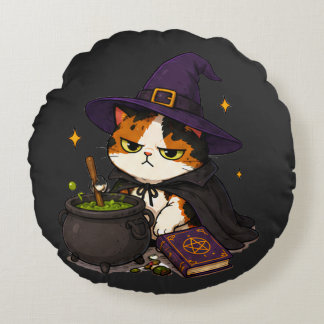 Grinig häxkatthalloween rund kudde