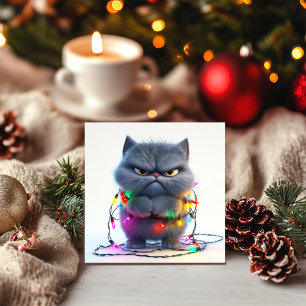 Grinig julkat med färgglada lampor julkort