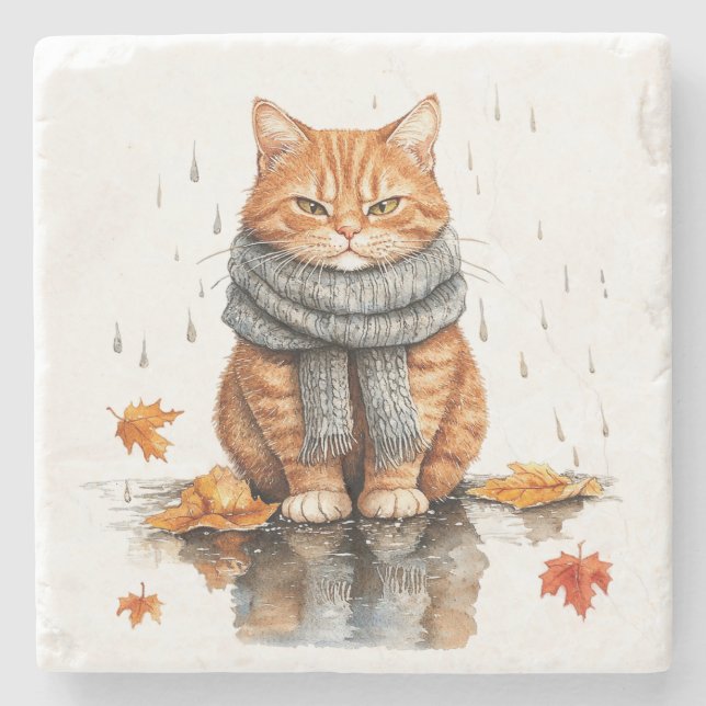 Grinig Orange Katt i Regn Stenunderlägg (Framsidan)