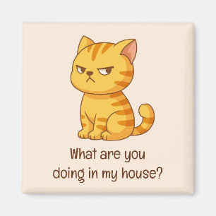 Grinig orange randig katt rolig text beige magnet