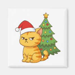 Grinig orange tabbykatt röd julhatt julgran magnet