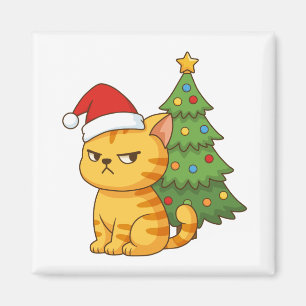 Grinig orange tabbykatt röd julhatt julgran magnet