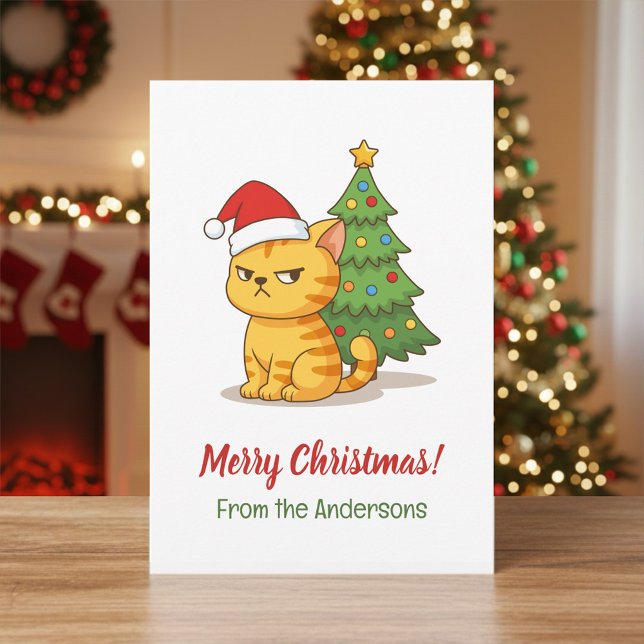 Grinig randig katt röd julhatt julgran julkort (Skapare uppladdad)