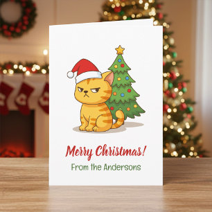 Grinig randig katt röd julhatt julgran kort