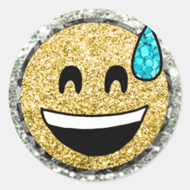 *~* Grinning Ansikte Sweat Emoji AP40 Guld Glitter Runt Klistermärke