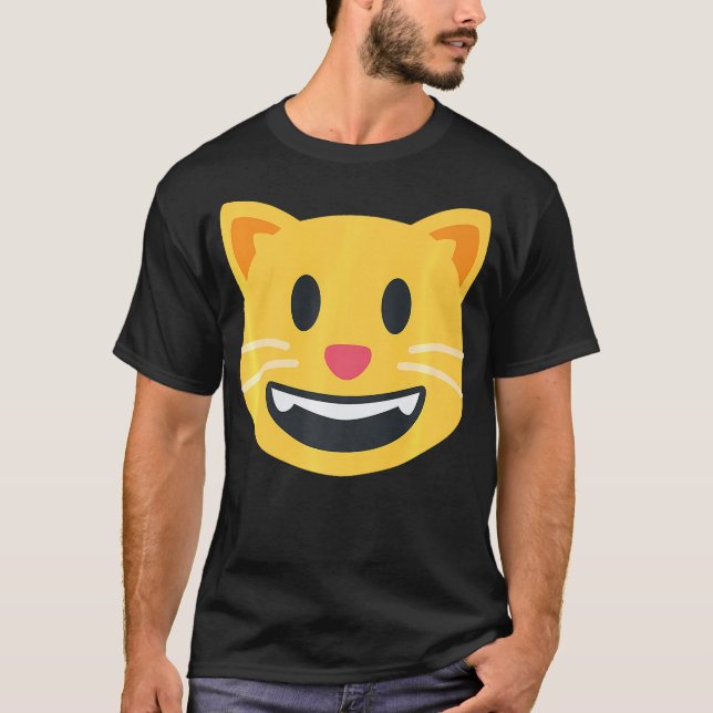 Grinning Cat Emoticon happy smiling Face T Shirt (Framsida)