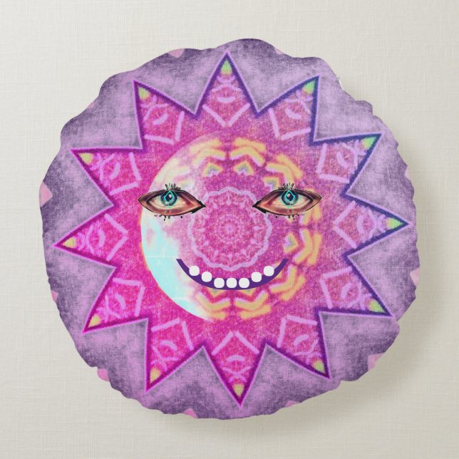 Grinning Måne och Sol, dag och natt Rund Kudde (Baksidan)