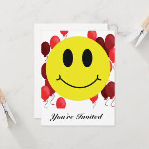 Grinning Smile Emoji med Red Balloons-inbjudan Inbjudningar