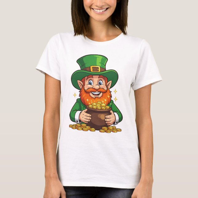 Grins And Coffers Galore Cartoon Leprechaun T Shirt (Framsida)
