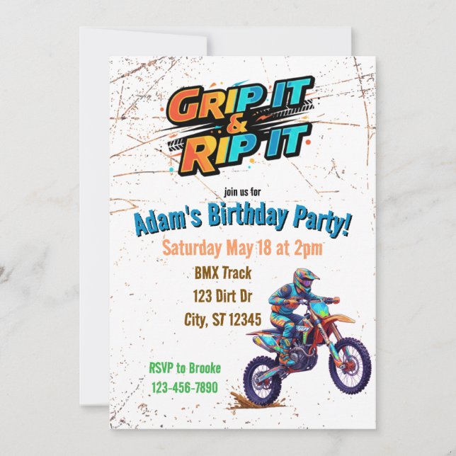 Grip it & Rip it Dirt Bike Födelsedagsinbjudan Inbjudningar (Framsida)