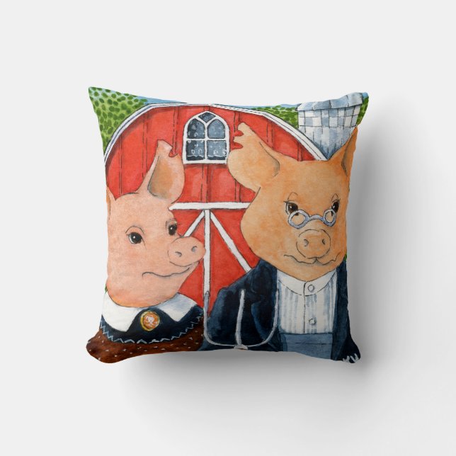Gris American Gothic-parodi akvarell konstnärlig m Kudde (Framsida)