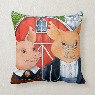 Gris American Gothic-parodi akvarell konstnärlig m Kudde