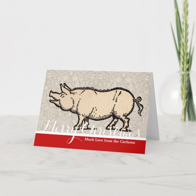 Gris Antique Piggy Cute Vintage Illustration Helgkort (Framsida)