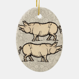 Gris Antique Piggy Cute Vintage Illustration Julgransprydnad Keramik