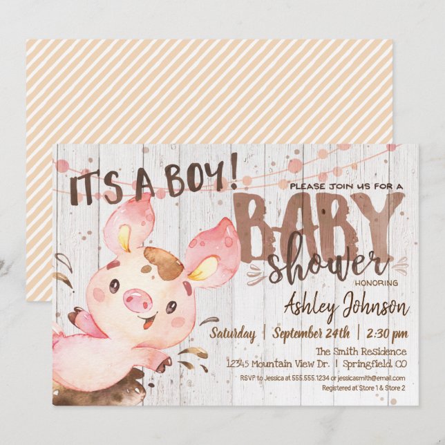 Gris Baby Shower-inbjudan, Boy, Farm Inbjudningar (Fram/baksida)