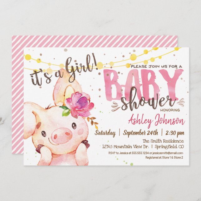 Gris Baby Shower-inbjudan, Girl Farm Inbjudningar (Fram/baksida)