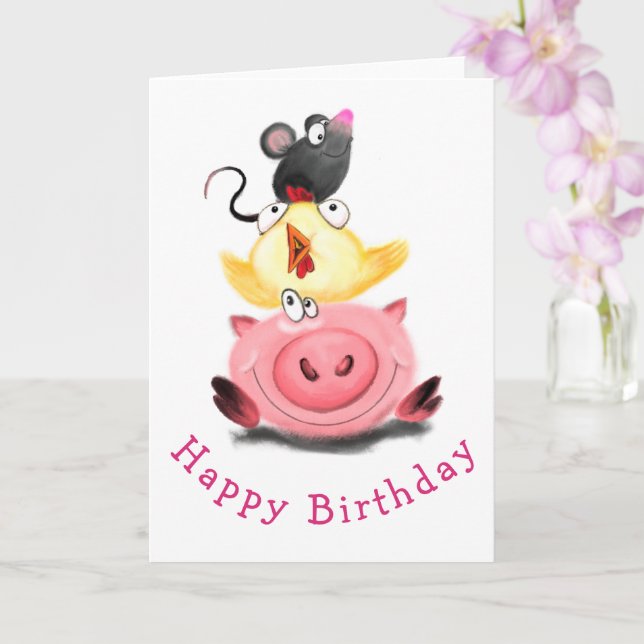 Gris Chicken och Mouse Friends Funny Birthday Card Kort (Orkide)
