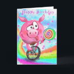 Gris cyklist med Lollipop Funny Birthday Card Kort<br><div class="desc">Funny Födelsedagskort med Lycklig Circus Acrobat Gris Cyclist Slickar Lollipop - MIGNED Painting - Anpassade</div>
