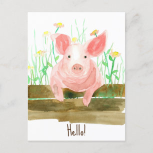 Gris Farm Animal Barnyard Fence Wildblommor Vykort