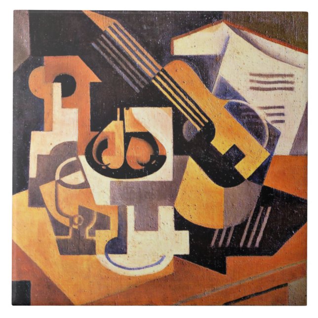 Gris - Guitar och Fruit Dish på Bord Kakelplatta (Framsidan)
