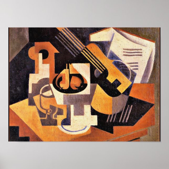 Gris - Guitar och Fruit Dish på Bord Poster (Framsidan)
