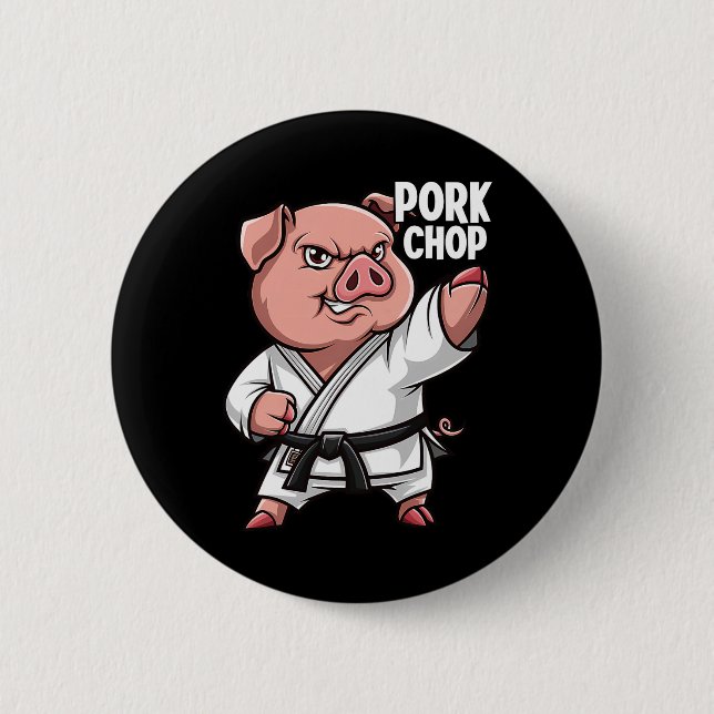 Gris Karate Pork Chop Rolig Gris Svinsvin Puns Män Knapp (Framsida)