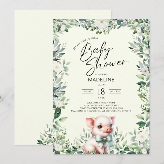 Gris med Bow Greenery Baby Shower-inbjudan Inbjudningar (Fram/baksida)