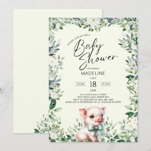 Gris med Bow Greenery Baby Shower-inbjudan Inbjudningar