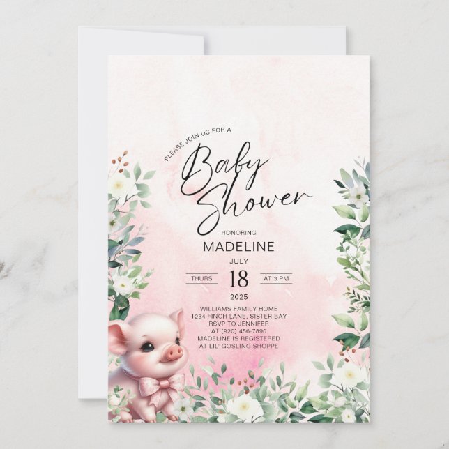 Gris med Bow Rosa Girl Baby Shower-inbjudan Inbjudningar (Framsida)