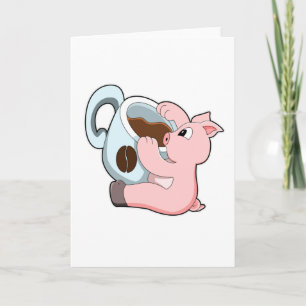 Gris med kopp kaffe kort