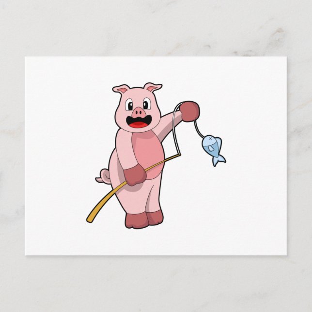 Gris på fiske med fiskespö & fisk vykort (Framsida)