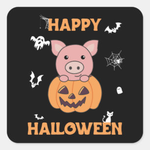 Gris på Pumpkin Sweet Grisar Happy halloween Squar Fyrkantigt Klistermärke