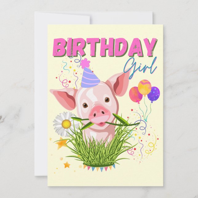 Gris Piggy Birthday Rosa Girl Girl Girl Animals Äl Inbjudningar (Framsida)