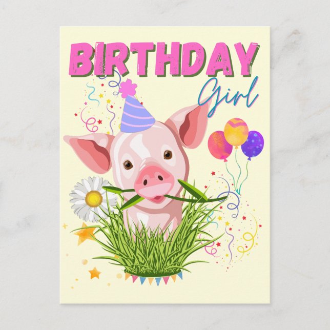 Gris Piggy Birthday Rosa Girl Girl Girl Animals Äl Vykort (Framsida)