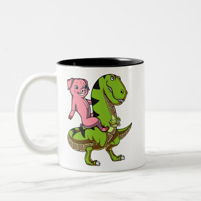 Gris Riding T-Rex Dinosaur Funny Farm Animal Två-Tonad Mugg (Vänster)