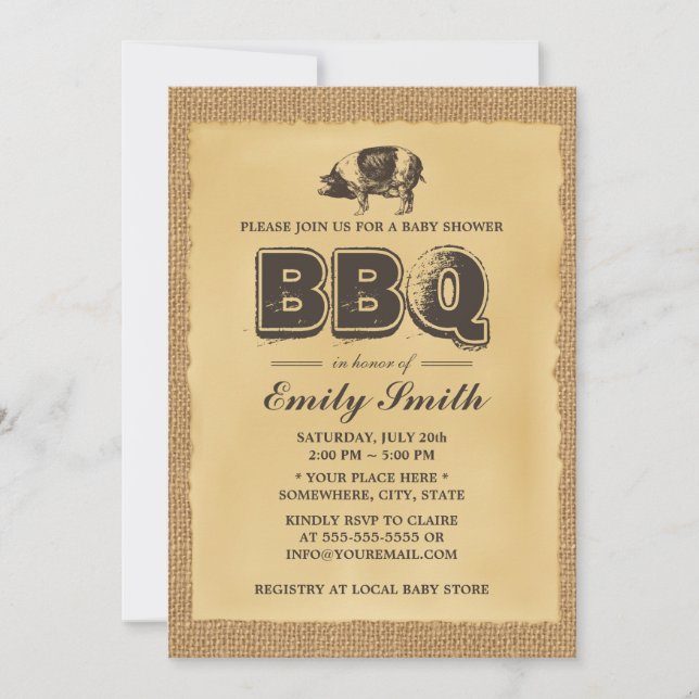 Gris Roast Baby Shower BBQ Party Burlap Inbjudningar (Framsida)