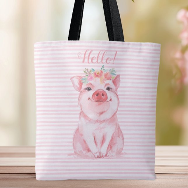 Gris Rosa Rand med dålig vattenfärg Tygkasse (Adorable Pig Tote Bag)