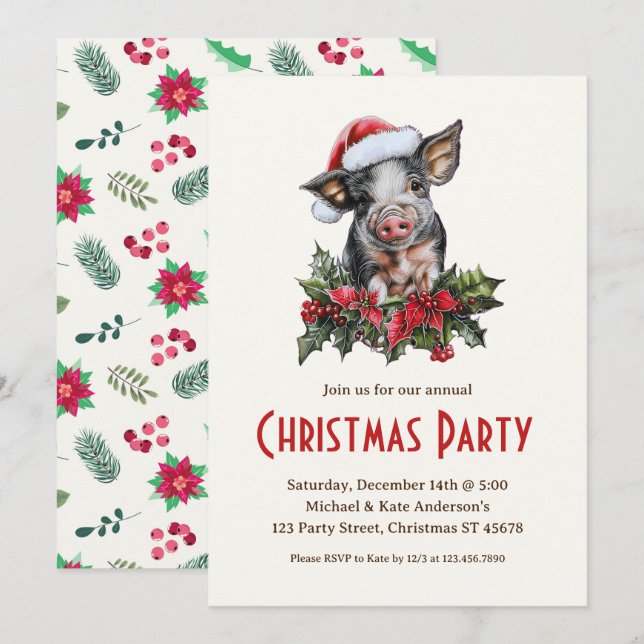 Gris Santa Hat Piglet Farm Djurjul Party Inbjudningar (Fram/baksida)