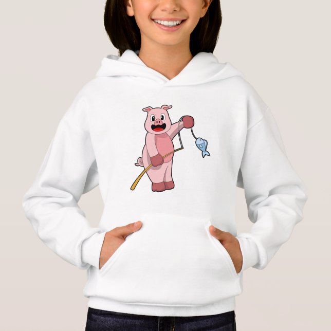 Gris som fiskar med fiskespö & Fisk T Shirt (Framsida)