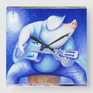 Gris som leker gitarrwallclock fyrkantig klocka