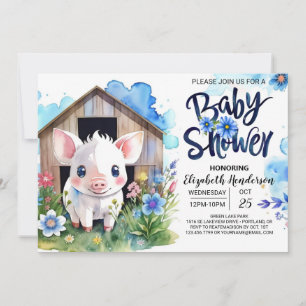 Gris Whimsical Land Farm Blue Baby Shower Inbjudningar