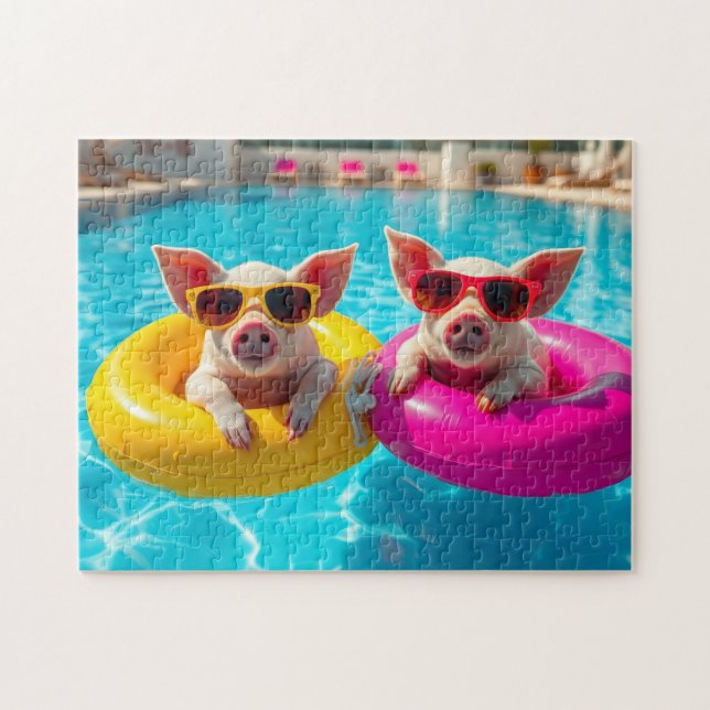 grisar i poolen på semester pussel (Horisontell)