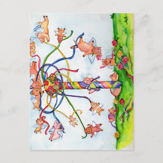 Grisar runt Maypole Vykort (Framsida)