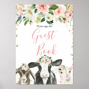 Grisdjur - Blommigt Flickor - Babyskåda Gäst Bok Poster