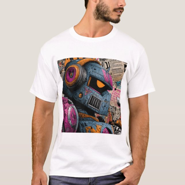 Gritty Graffiti Robot with Headphones — Street Art T Shirt (Framsida)