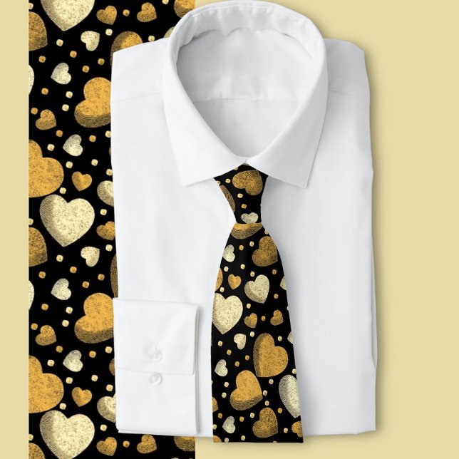 Gritty Kärlek hjärtan guld Slips (Light and dark gold hearts on a black background )