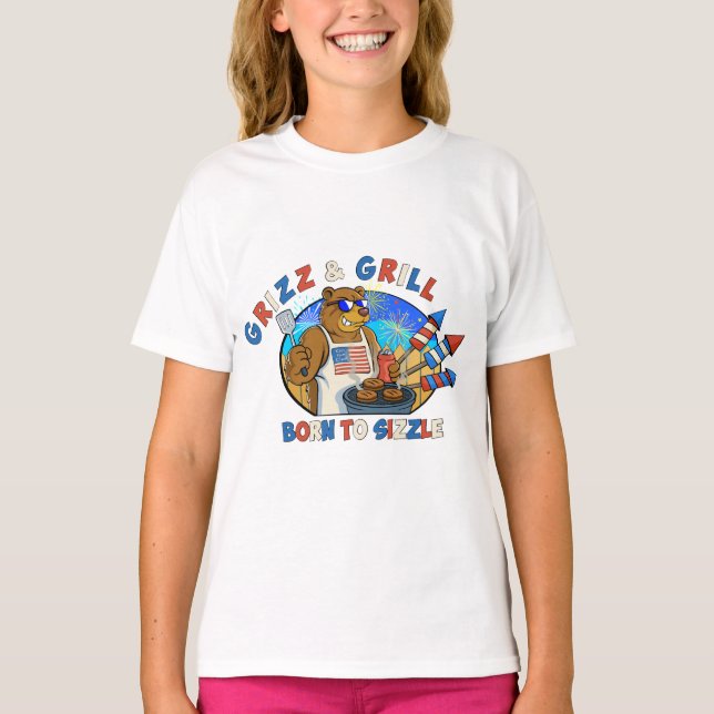 Grizz & Grill: Born till Sizzle Beer, Burger T Shirt (Framsida)